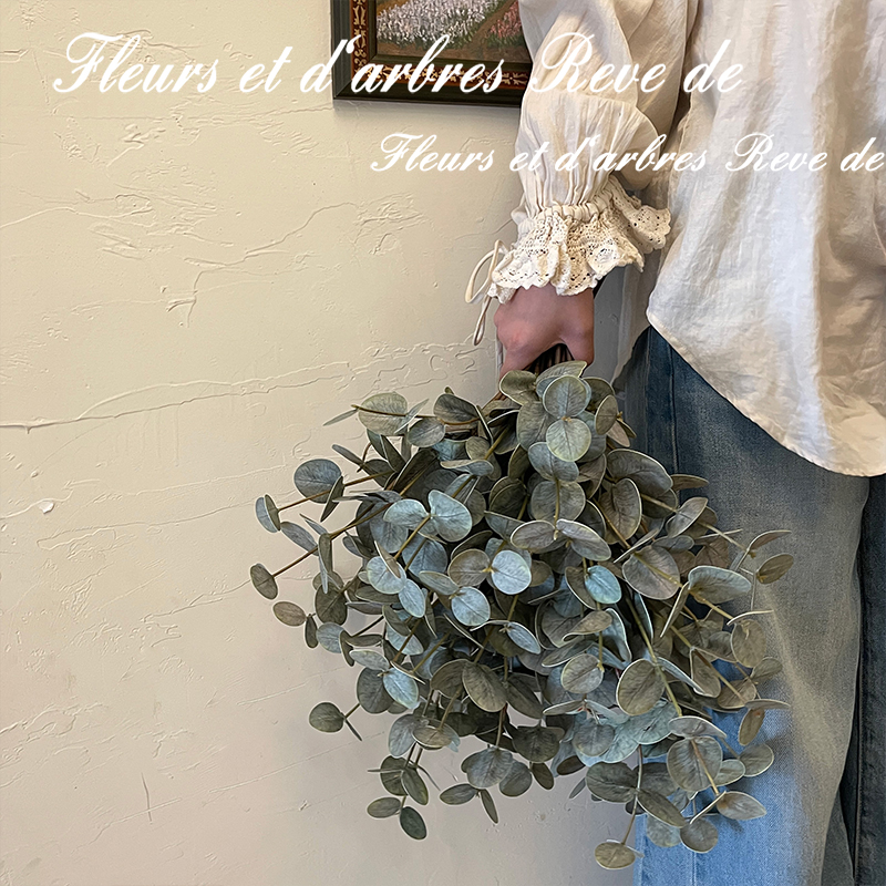 ins韩版仿真尤加利绿植摆件插花假花北欧房间家装复古金钱叶枝叶