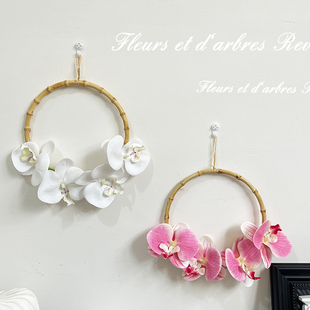 高级感3d打印蝴蝶兰仿真花天然竹环门楣门把手花环墙壁装饰花挂件