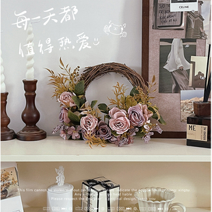 美拉德秋色玫瑰花环森系小众门楣花装饰婚庆门头花挂件