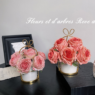 北欧ins复古油画玫瑰小盆栽仿真花假花干花客厅餐桌玄关花艺摆件