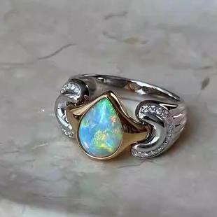 意式双色18K金厚金镶嵌天然澳洲水晶欧泊钻石戒指珠宝宝石原创