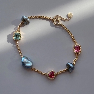 通体18K金镶嵌天然大溪地无核灰珍珠爱心碧玺手链珠宝宝石原创款