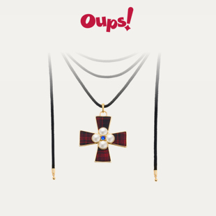 oups十字礼堂项链复古格纹红色新年节日项链毛衣链女 新年礼物