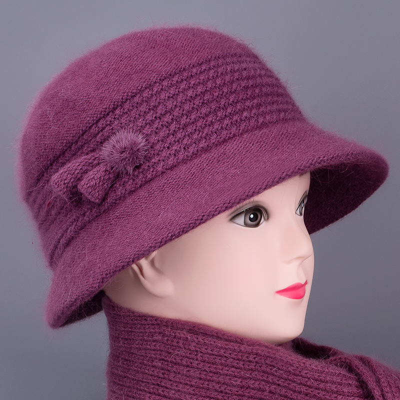 毛线帽女奶奶秋冬季盆帽妈妈花朵