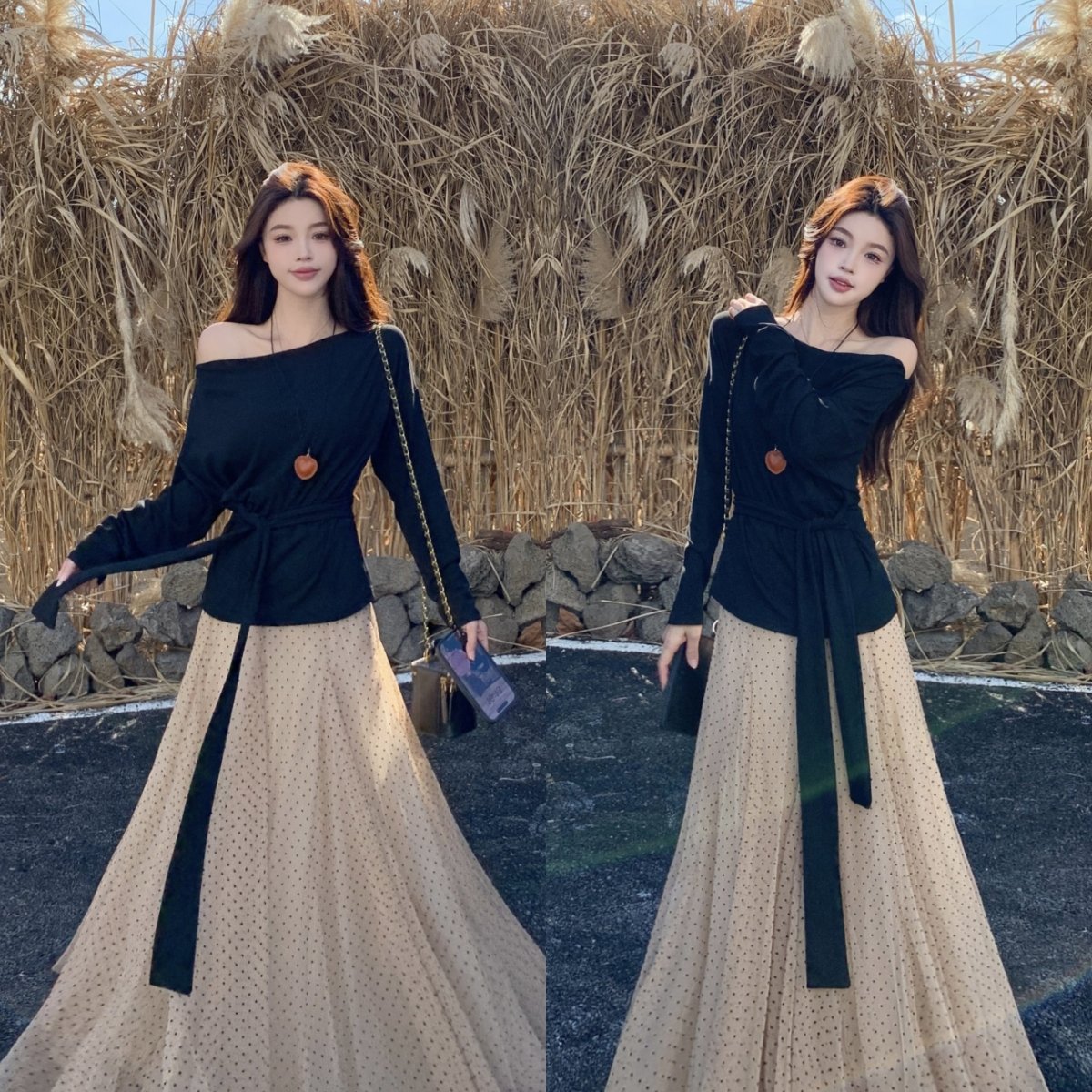 实拍~ 法式植绒波点百褶网纱半身裙+斜肩一字肩多种穿法气质套装