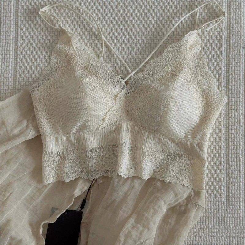 法式蕾丝女士无痕吊带背心交叉美背内衣女细肩带夏季薄款透气文胸