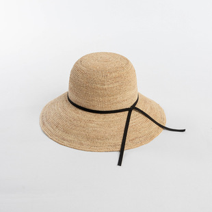 韩版春夏新款时尚绒皮织带手编钩针细拉菲草大檐帽女士遮阳草帽潮