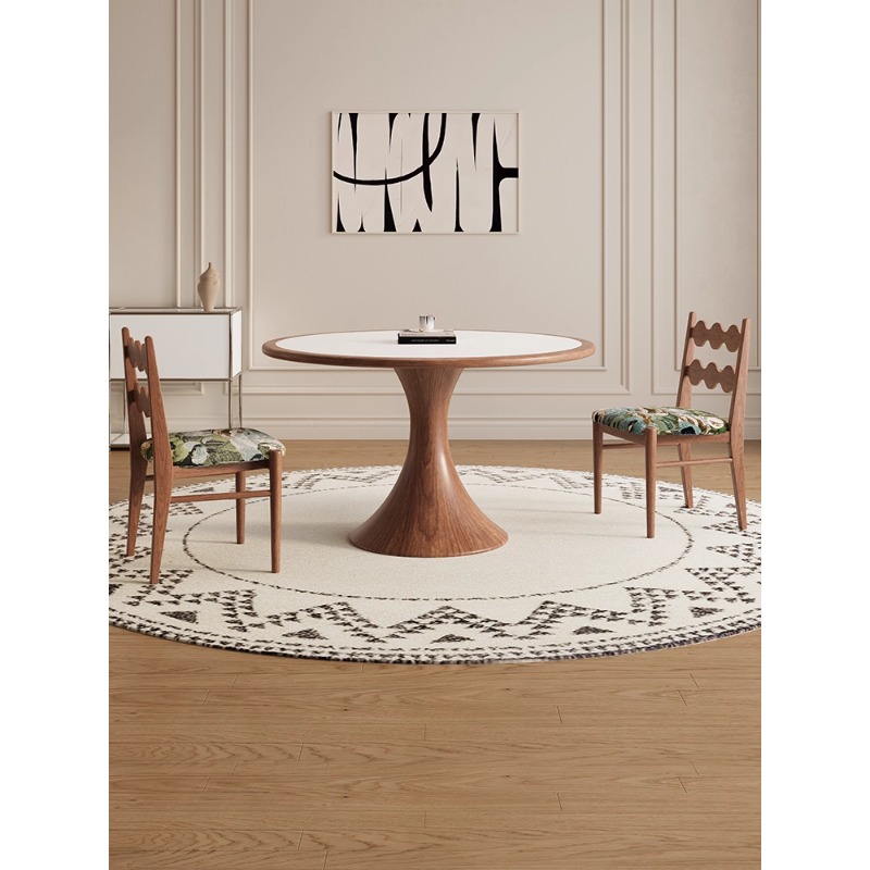 德利丰实木岩板餐桌圆形家用法式奶油中古风小户型内嵌圆桌饭桌子