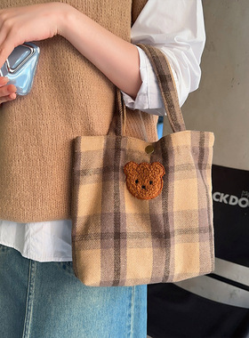 出门小拎包迷你手拎可爱小熊便携小布包大容量手提上班通勤便当袋