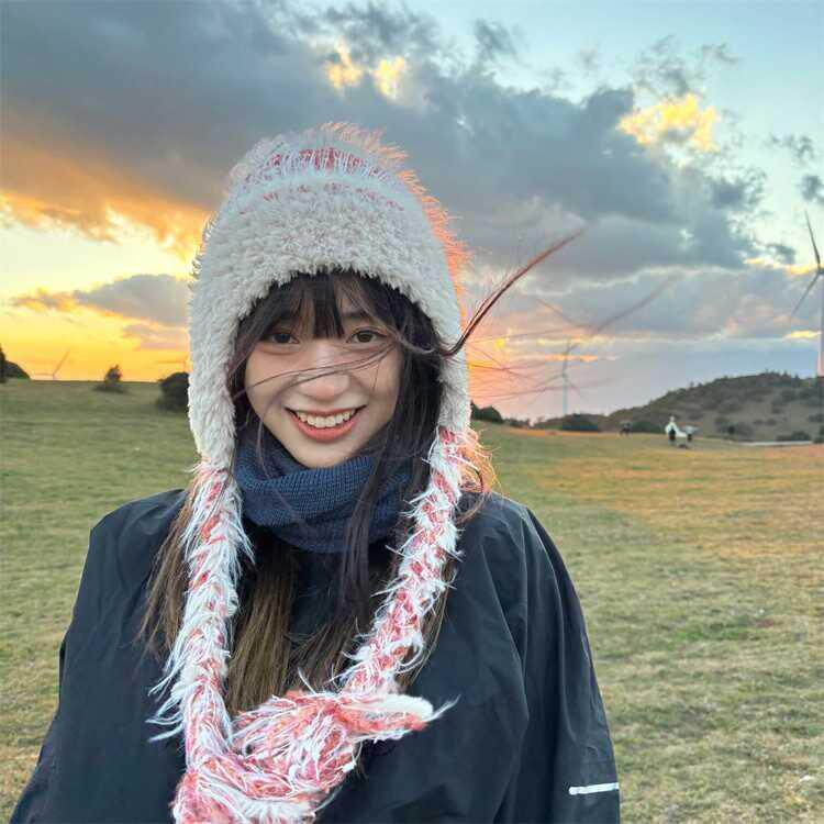 民族风条纹拼接针织毛线帽秋冬女加厚保暖防寒护耳套头帽雷锋帽
