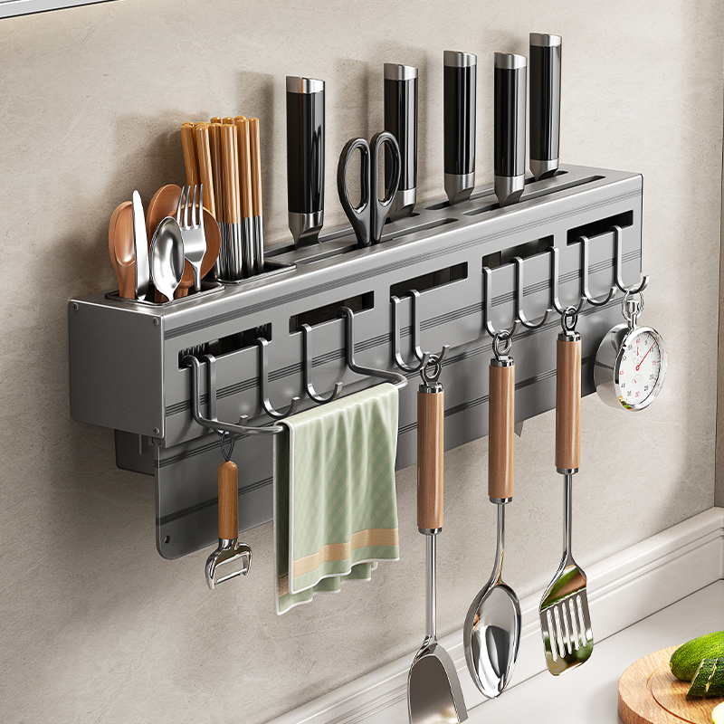 美厨物语厨房壁挂式免打孔太空铝置物架锅铲刀具筷子筒篮多功能