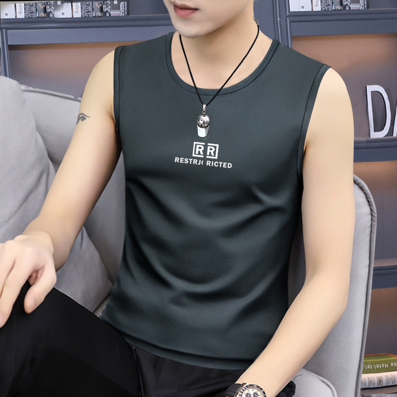 新款莫代尔夏季圆领男士无袖运动宽肩背心健身上衣服体恤潮流外穿