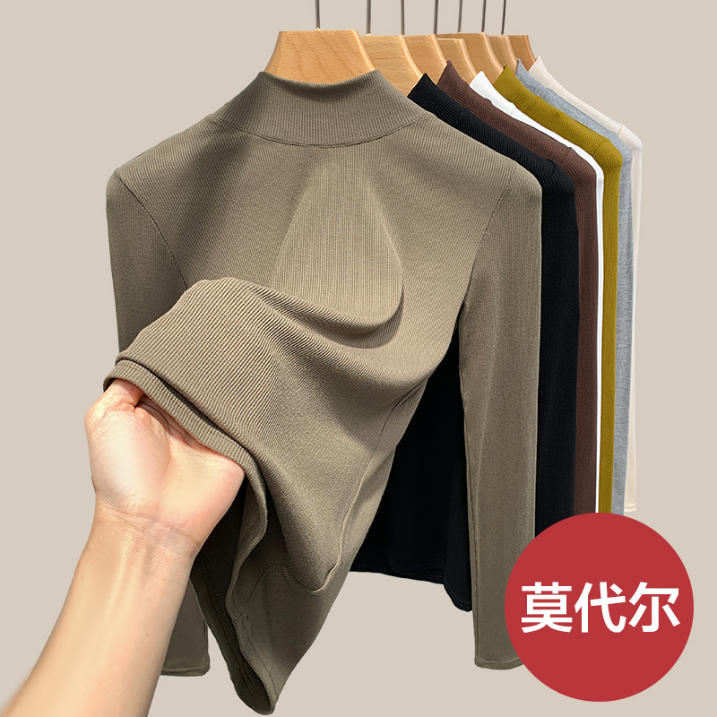 猫人螺纹半高领打底衫女秋冬季