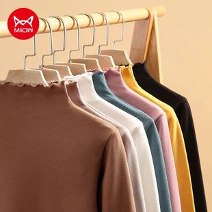 猫人德绒半高领打底衫女秋冬新款木耳边内搭双面加绒加厚保暖上衣