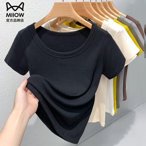 猫人正肩女短袖t恤螺纹冰丝上衣