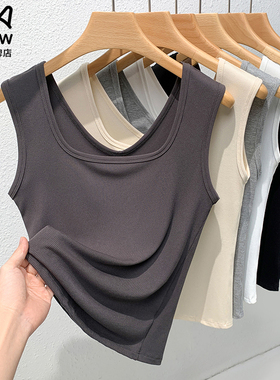 猫人灰色吊带背心2025新款夏外穿复古法式方领宽肩带冰丝无袖上衣