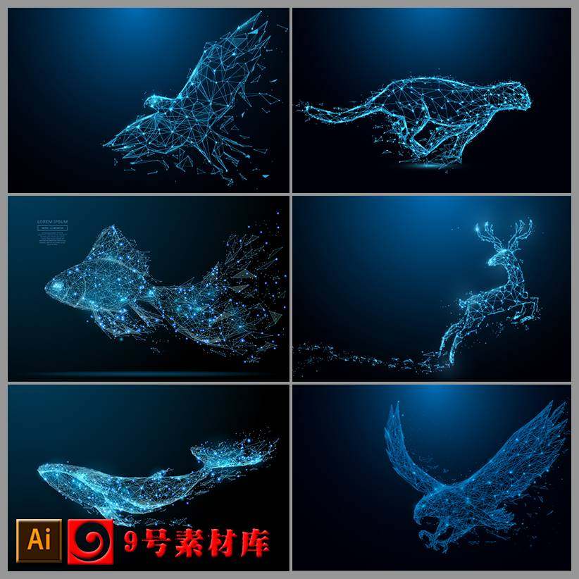 矢量蓝色线条点线面结构鲸鱼猎豹犀牛海豚动物设计背景素材图片
