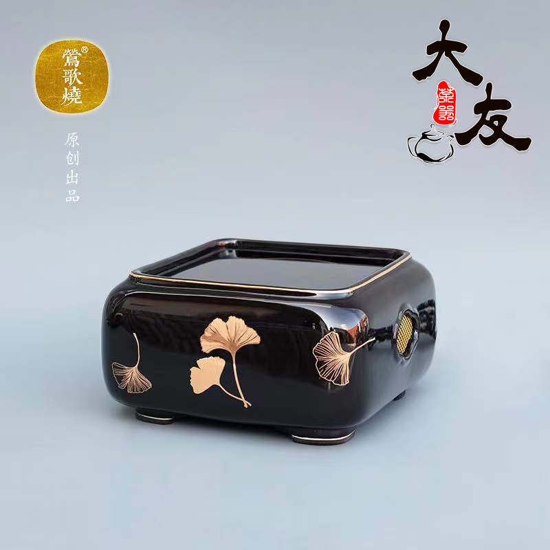 台湾莺歌烧四方黑地银杏纹电陶炉煮茶炉家用静音银壶烧水炉