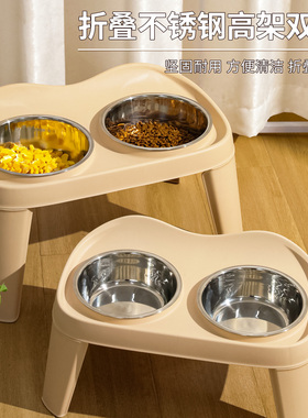 家用猫狗饮水喂食碗中大型犬狗碗不锈钢宠物碗可折叠猫咪高架双碗
