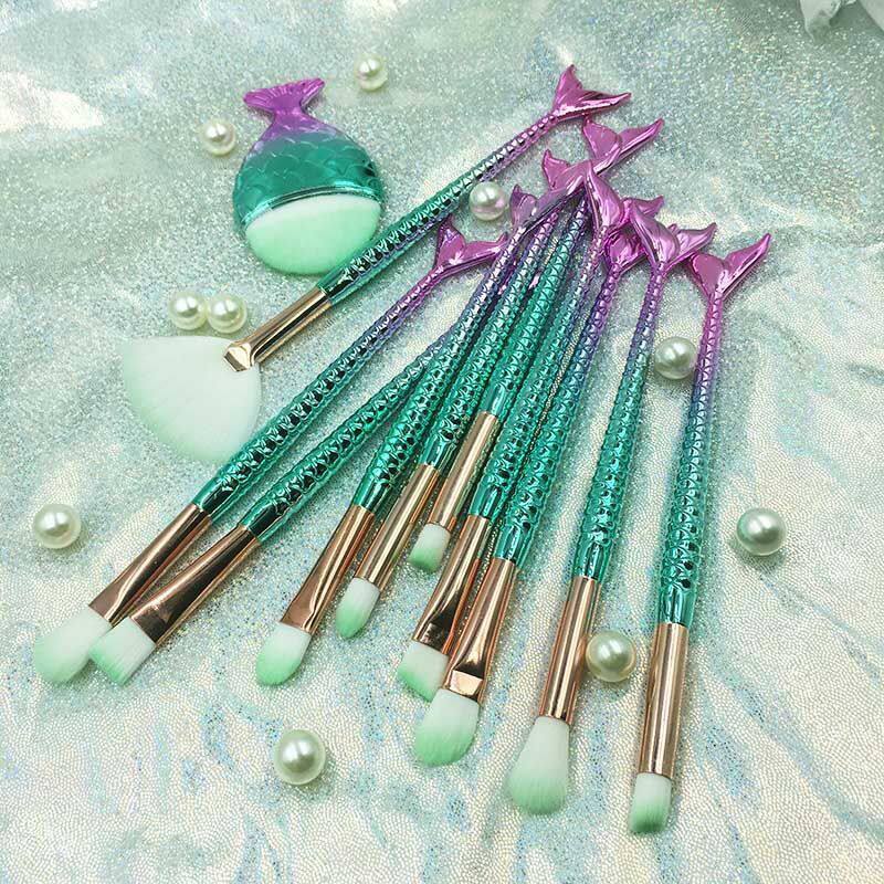 精致美人鱼11支化妆刷套装小鱼粉底刷眼部彩妆化妆工具套刷