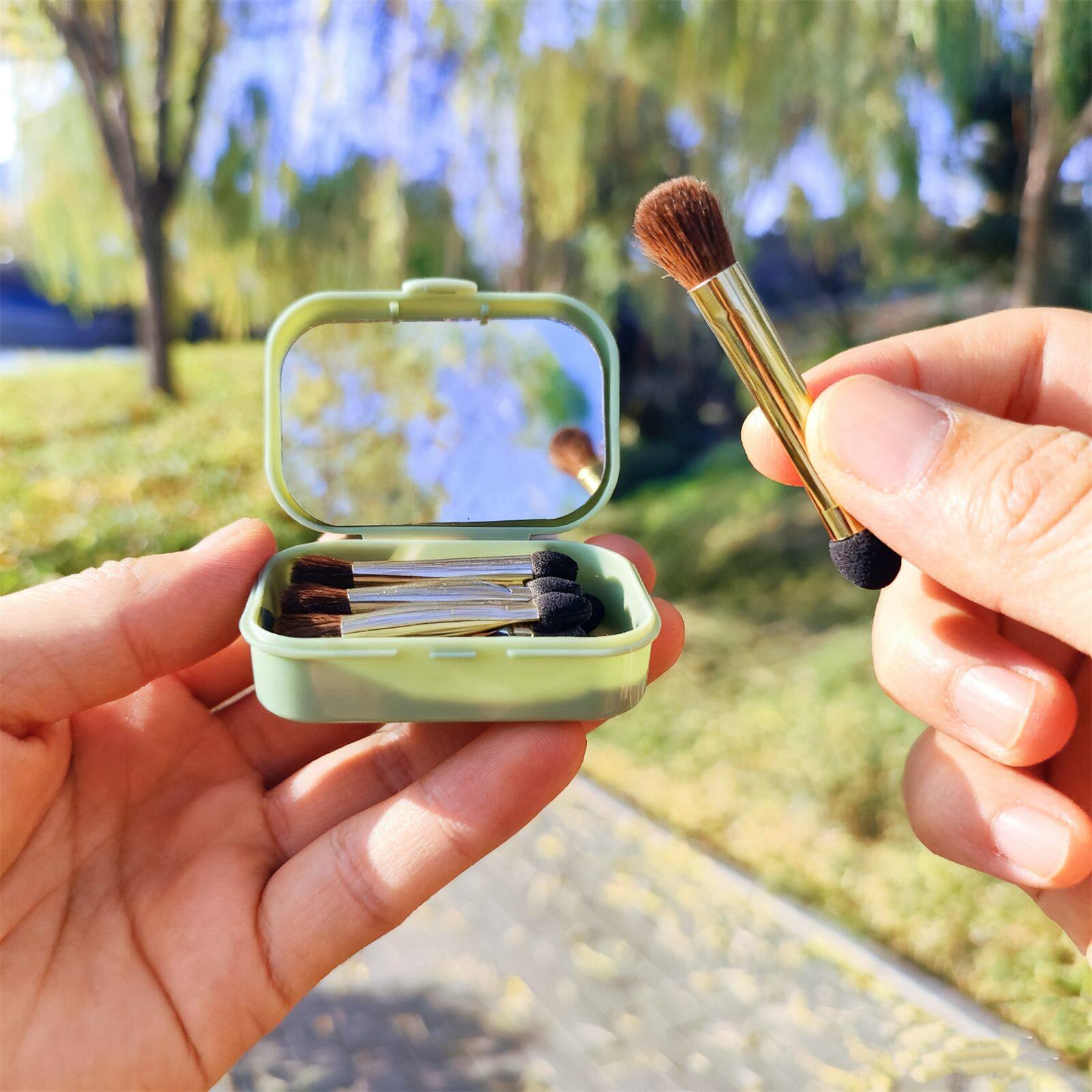 迷你小号二合一化妆刷套装双头小马毛海绵眼影棒眼影刷收纳盒