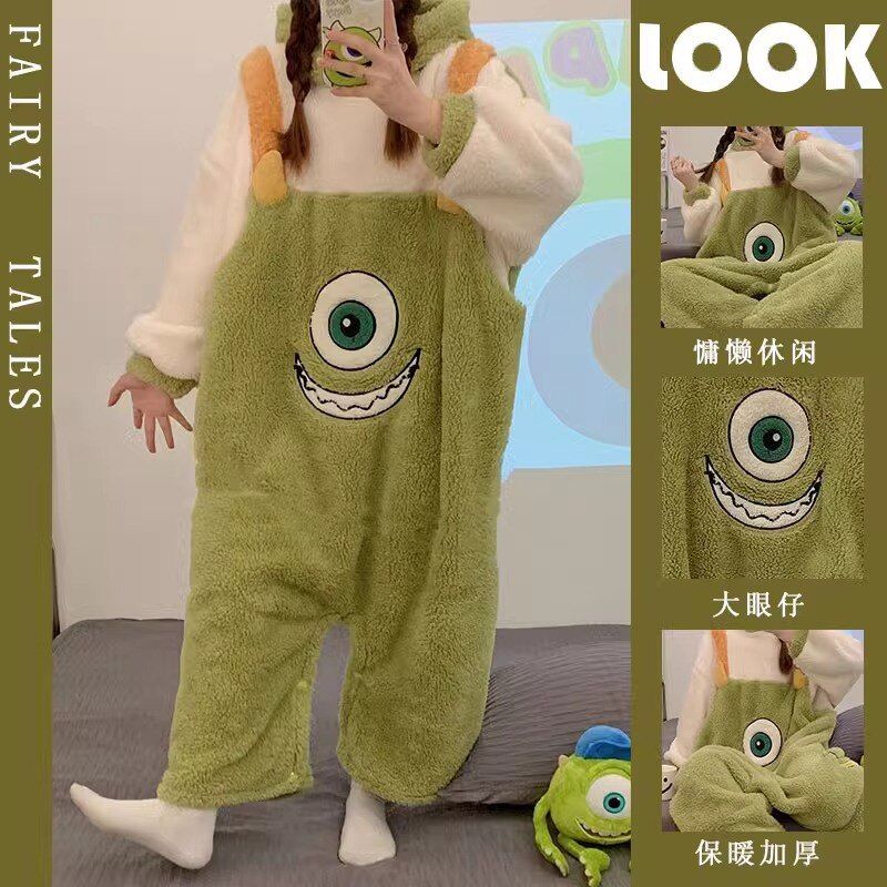 大眼仔连体睡衣女秋冬季珊瑚绒加厚卡通搞怪家居服冬天可外穿保暖