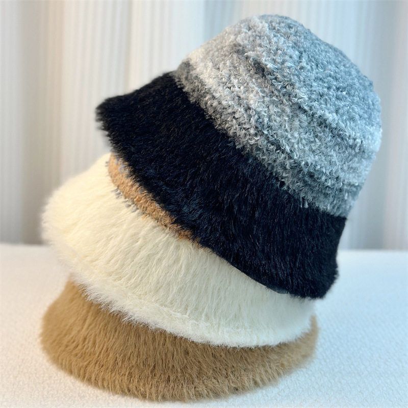 彩色毛绒拼色针织盆帽女冬款加厚保暖显脸小防寒水桶帽大帽檐