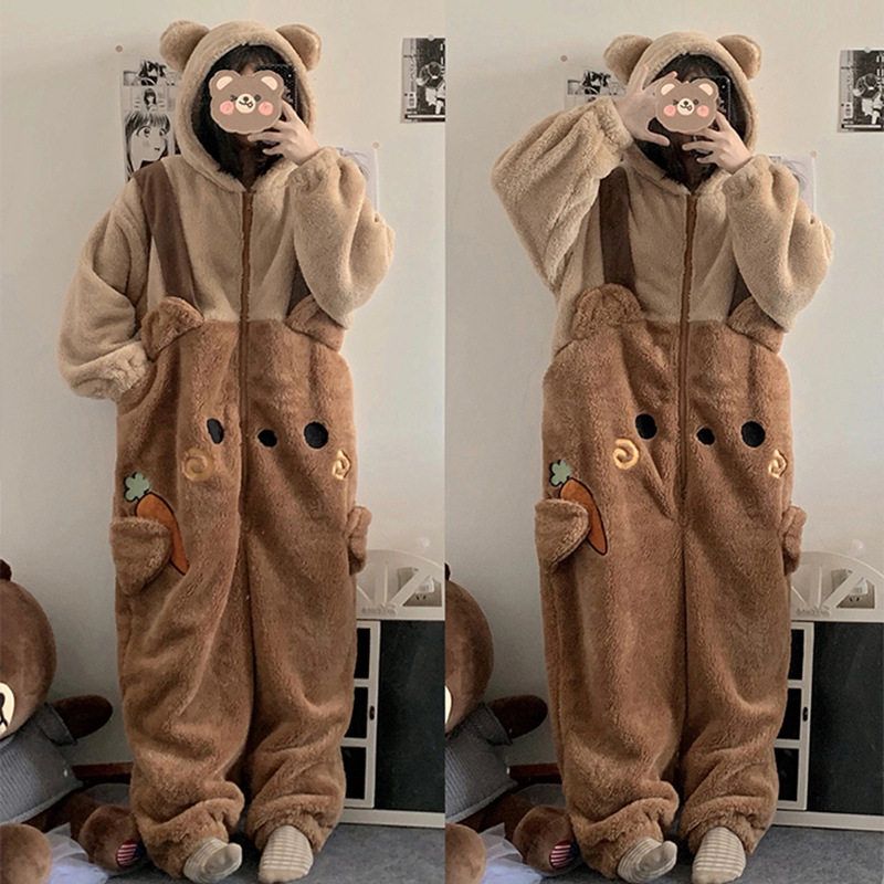 冬季软妹小熊睡衣加厚珊瑚绒可爱连体睡衣少女卡通家居服睡袍