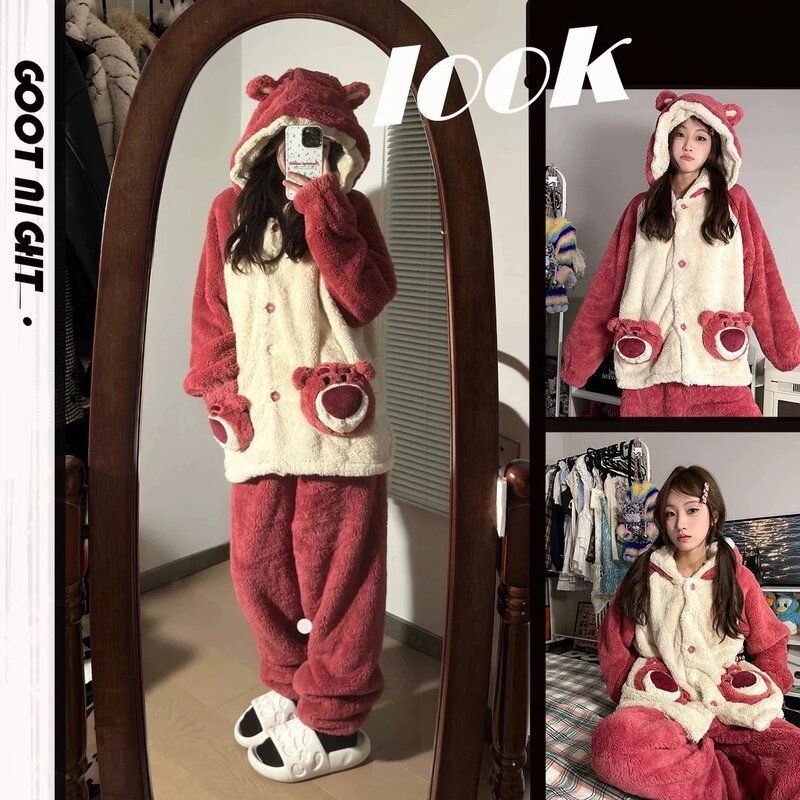 2025年新款冬天草莓熊珊瑚绒睡衣女加绒可外穿加厚家居服套装冬季