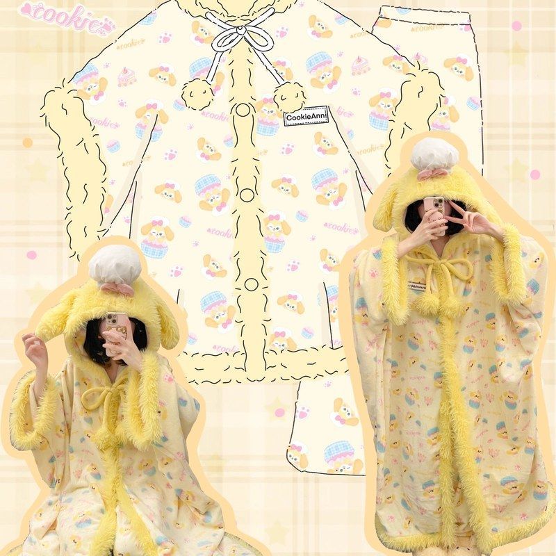 可爱厨师狗饼饼连帽珊瑚绒睡袍女冬季毛绒加绒加厚斗篷睡衣家居服