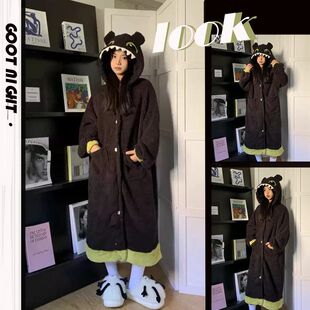 新款冬季睡衣女无牙仔珊瑚绒连帽加绒加厚保暖卡通可爱家居服睡袍