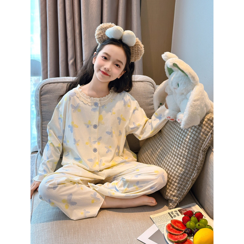 韩国Uamtor女童睡衣春秋2025新款中大童长袖女孩纯棉公主风家居服