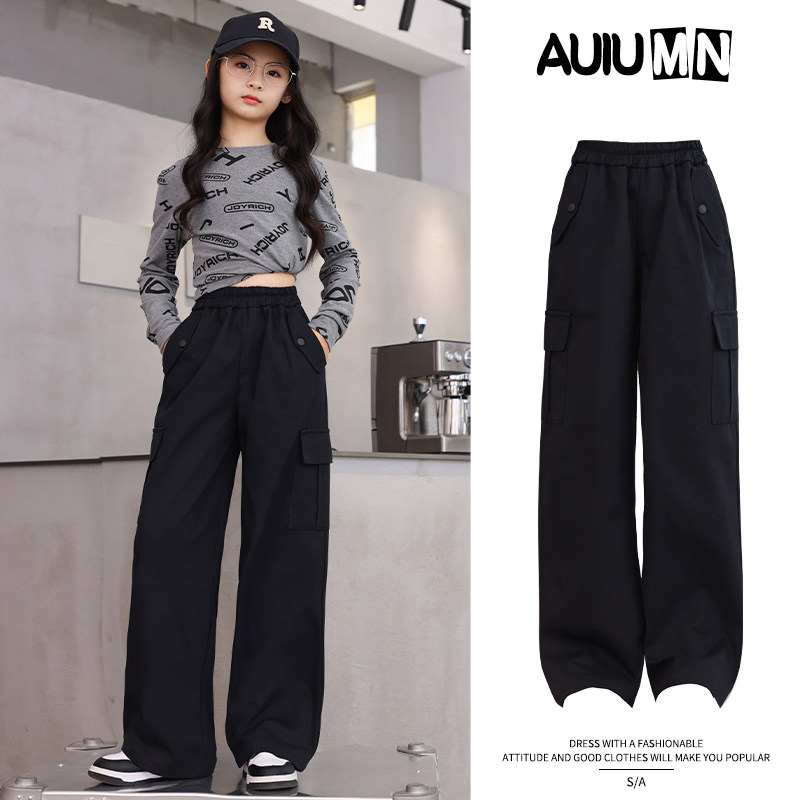 韩国Uamtor女童工装裤秋季2025新款儿童女孩黑色休闲百搭阔腿裤子
