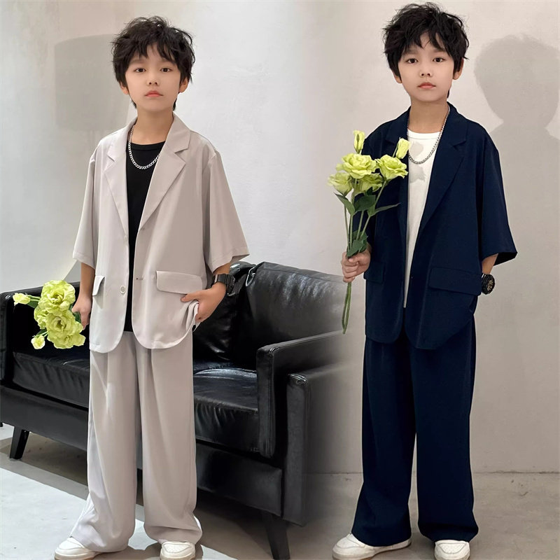 韩国Uamtor男童超好看夏装套装冰丝短袖帅气西装英伦风高级感礼服