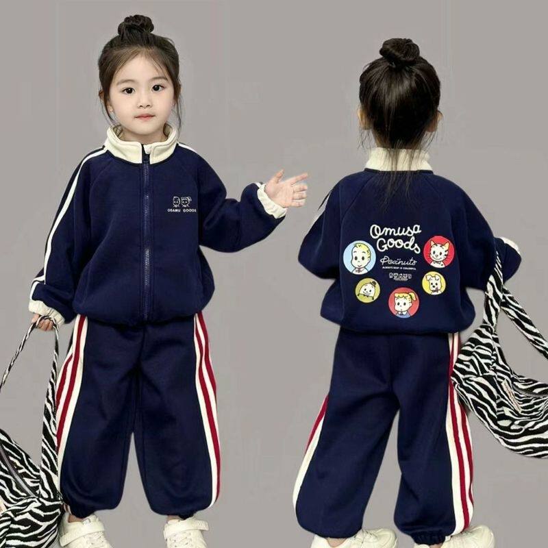 英国DHWA女童套装2025新款秋冬季儿童洋气运动外套长裤加绒两件套