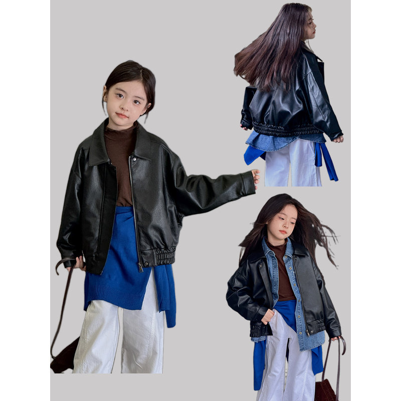 韩国Uamtor女童皮衣外套秋季2025新款时髦儿童潮酷机车短款皮夹克