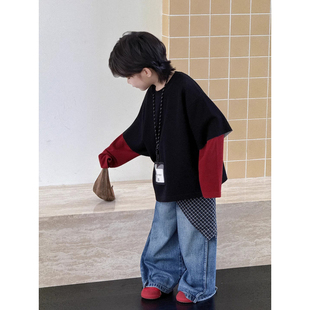 韩国Uamtor痞帅炸街男童t恤长袖春秋新款韩版潮酷穿搭假两件上衣