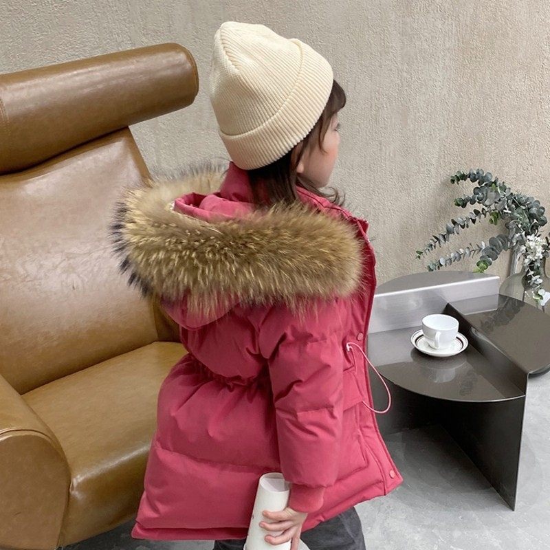 英国DHWA儿童羽绒服女童冬季新款加厚中长款大毛领收腰洋气外套