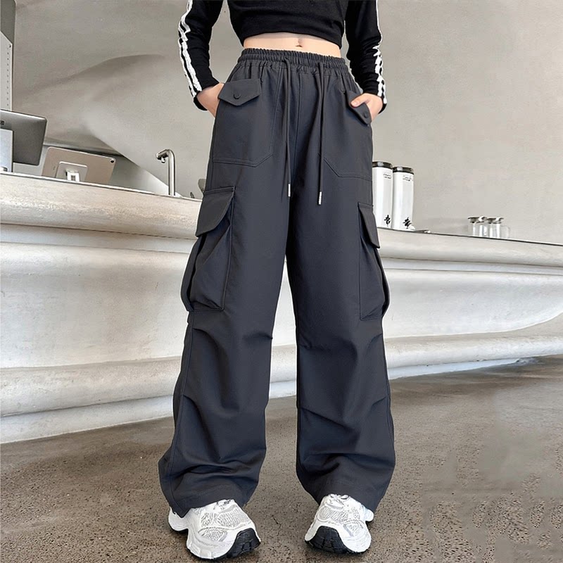 韩国Uamtor女童工装裤2025新款春秋中大童酷飒风黑色爵士舞直筒裤