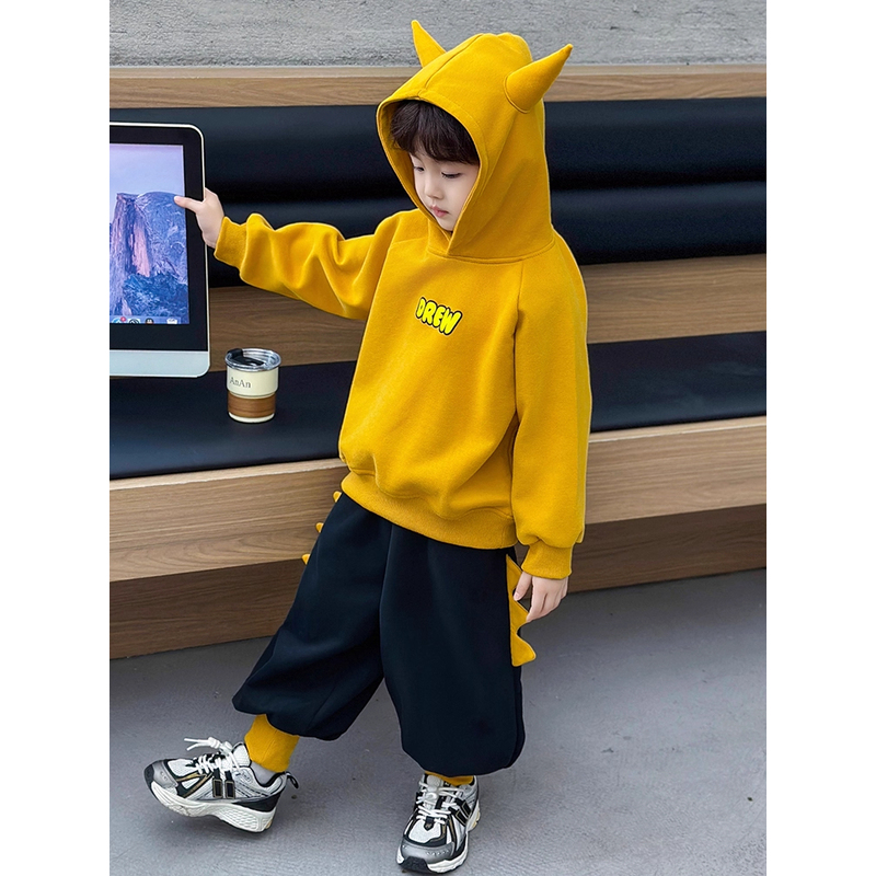 英国DHWA男童长袖卫衣卫裤加绒套装2025新款儿童春秋装秋冬衣服潮