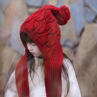英国LMKL儿童帽子秋冬新款拜年加绒女童围巾一体保暖帽护耳毛线帽
