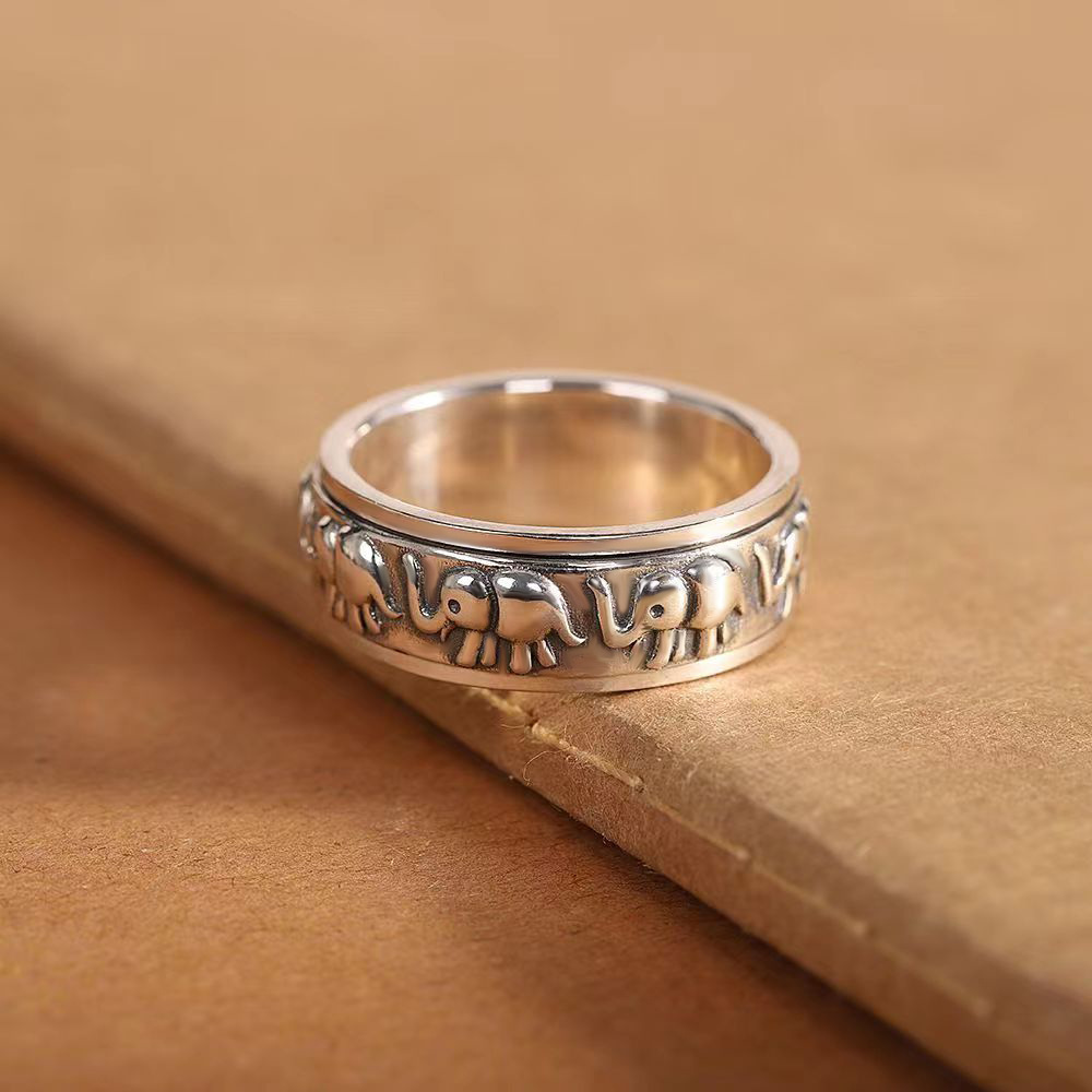 复古纯银吉象如意转动戒指男女士个性做旧民族风小象旋转情侣指环