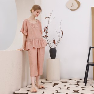 曼诺曼蒂克睡衣女夏简约甜美纯色家居服短袖时尚拼接荷叶边家居服