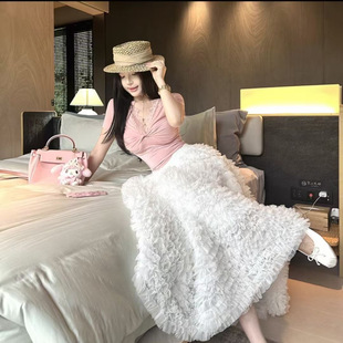 伴娘裙穿甜美风网纱蛋糕裙褶皱层叠次感长款 半身裙蓬蓬裙仙女长裙