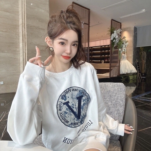 美式干枯玫瑰刺绣字母圆领卫衣女25秋冬宽松慵懒风休闲运动上衣潮