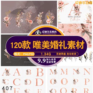 唯美水彩手绘粉系花卉字母请柬婚礼装饰LOGO免抠PNG设计素材元素