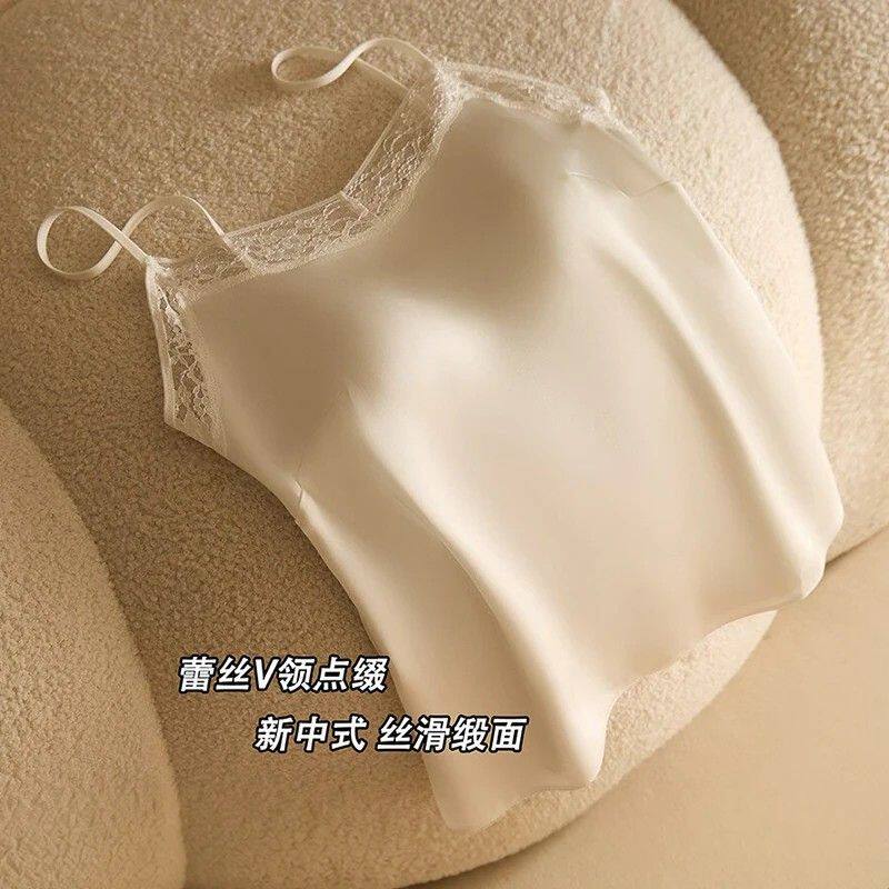 法式缎面蕾丝吊带背心内衣女一体式带胸垫夏薄款收副乳防下垂文胸