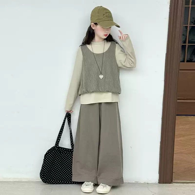 女童早秋韩系三件套2026新款时髦中大童春秋洋气穿搭针织马甲套装