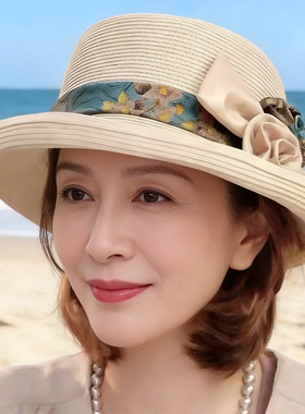 2026新款绸缎花朵草帽子女夏季遮阳帽复古轻奢名媛气质沙滩太阳帽