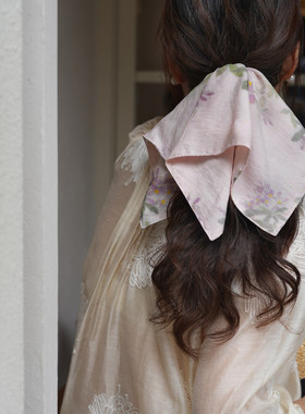 夏季穿搭国风雾中紫藤天丝麻温柔浅紫大方巾发圈女高级感发饰头饰